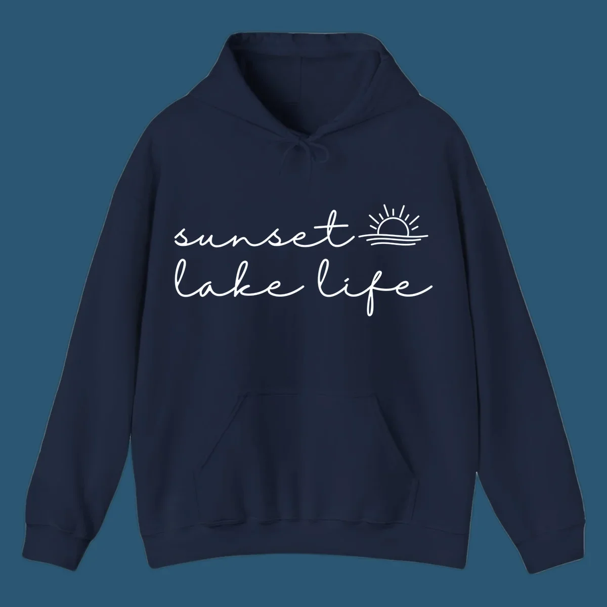 Sunset lake life script design with sun setting over water.