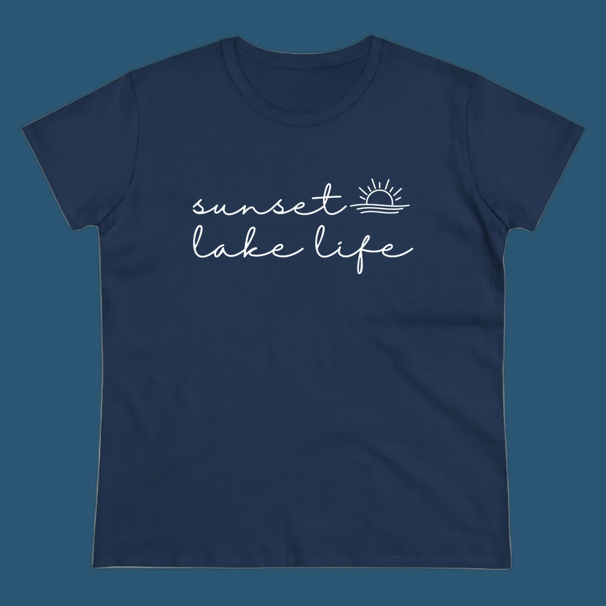 Sunset lake life script design with sun setting over water.