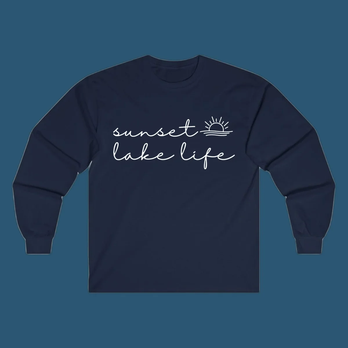Sunset lake life script design with sun setting over water.
