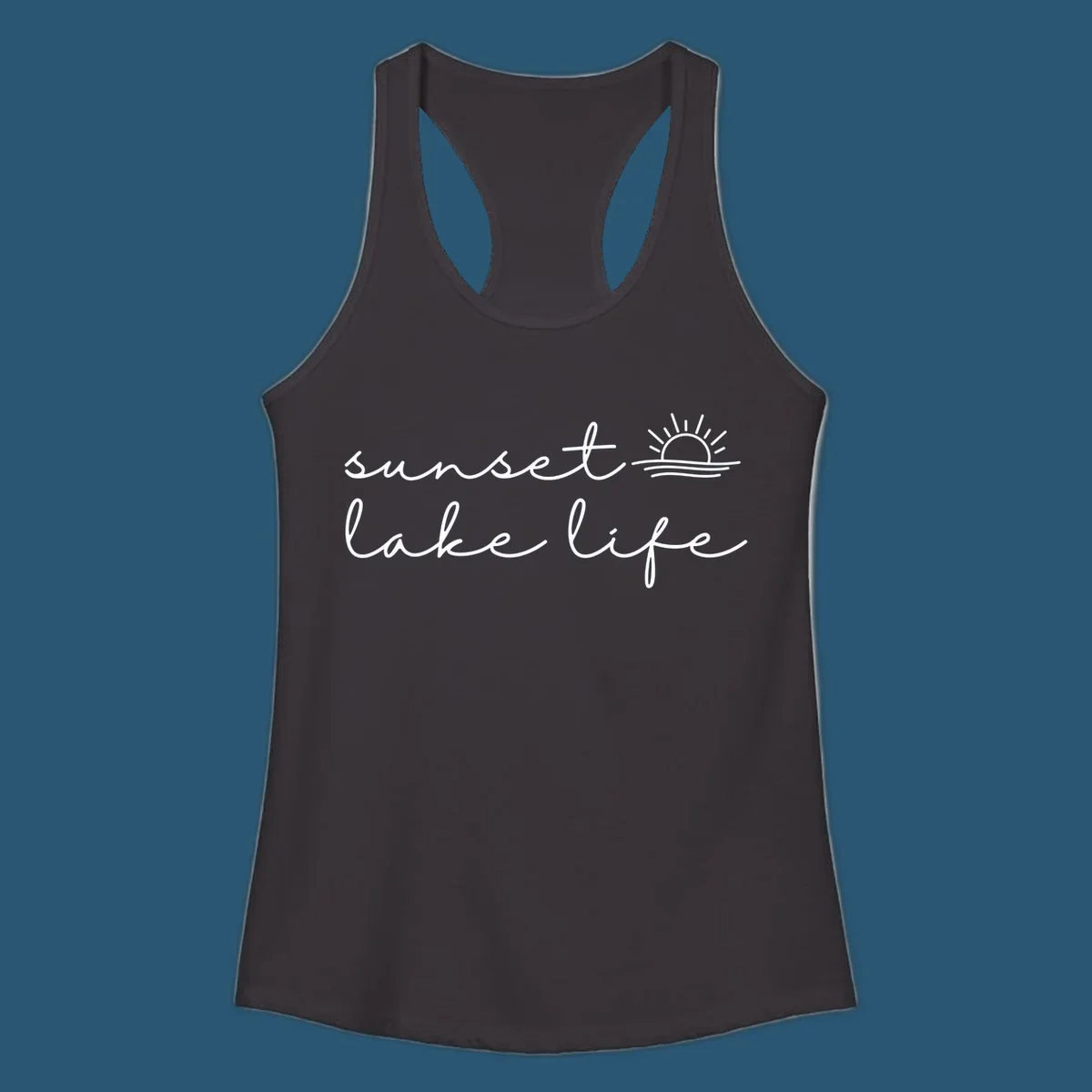Sunset lake life script design with sun setting over water.