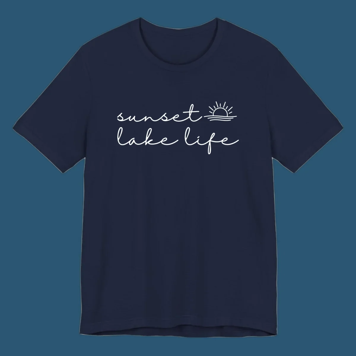 Sunset lake life script design with sun setting over water.