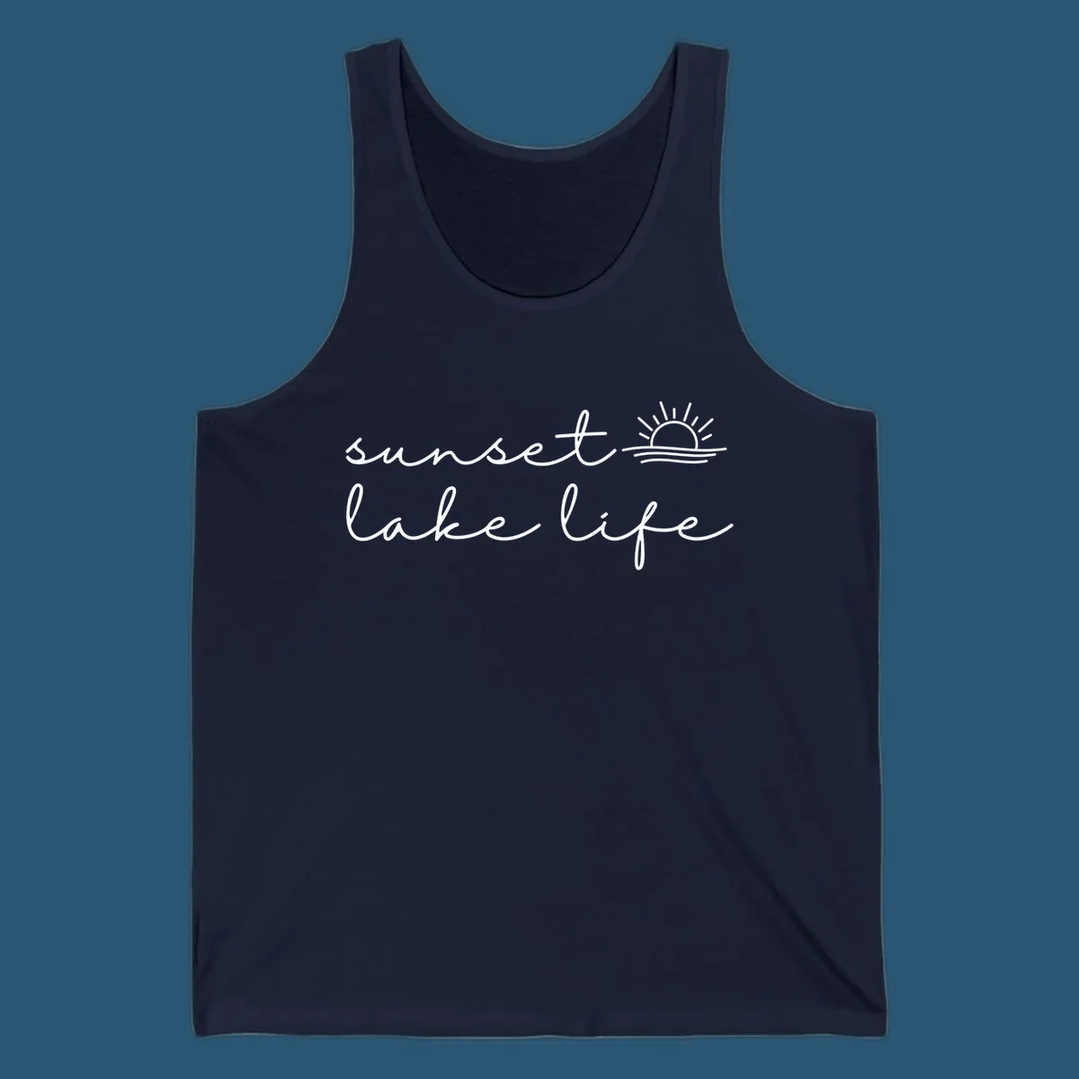 Sunset lake life script design with sun setting over water.