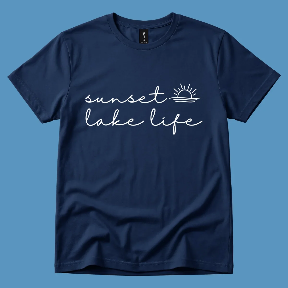 Sunset lake life script design with sun setting over water.
