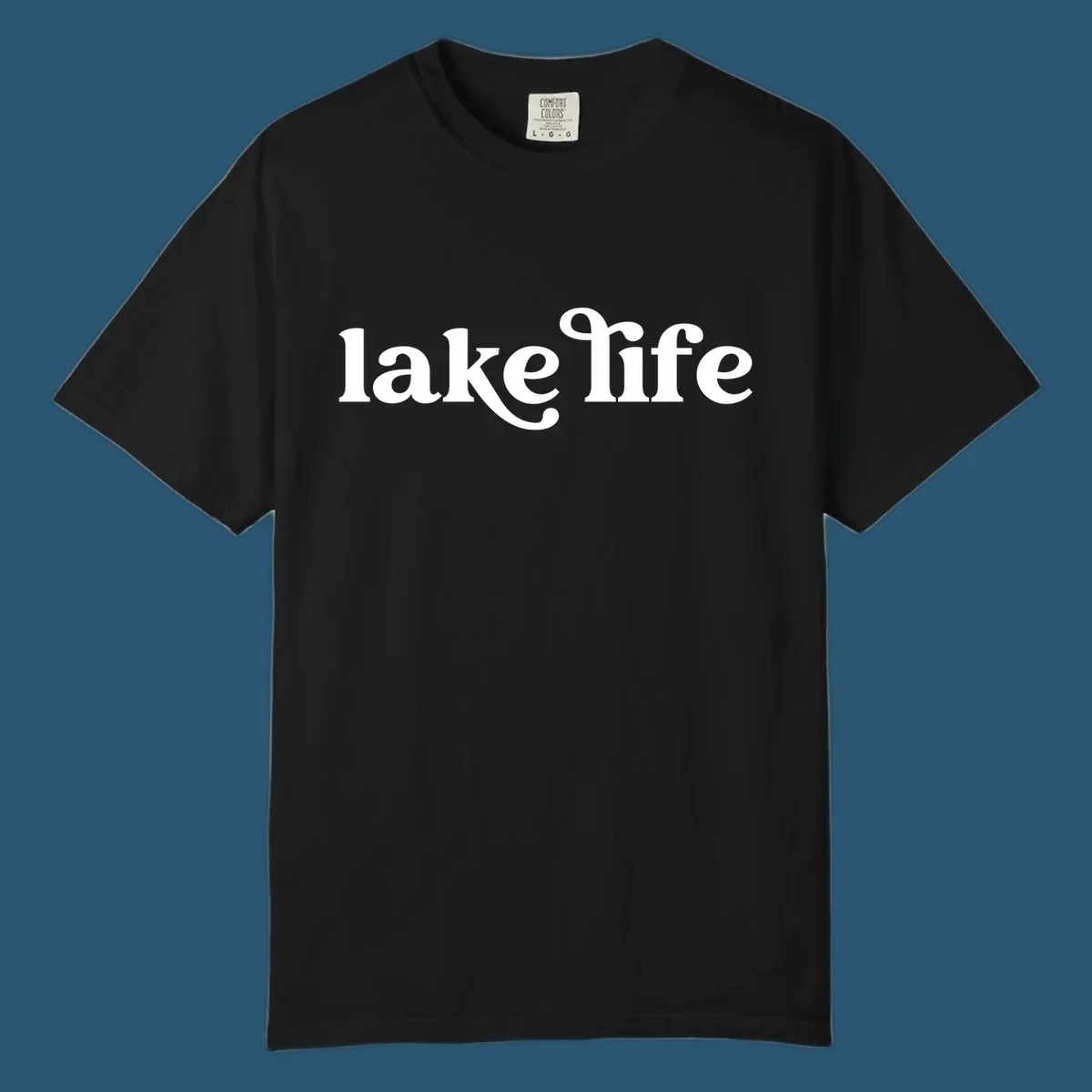 White lake life typography design on a black background.