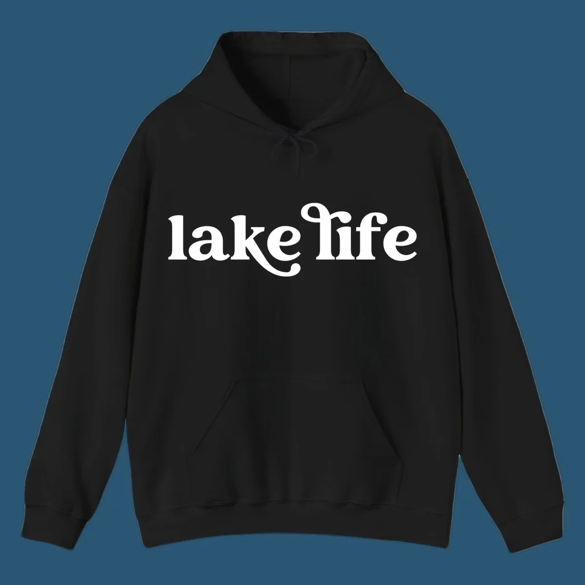 White lake life typography design on a black background.