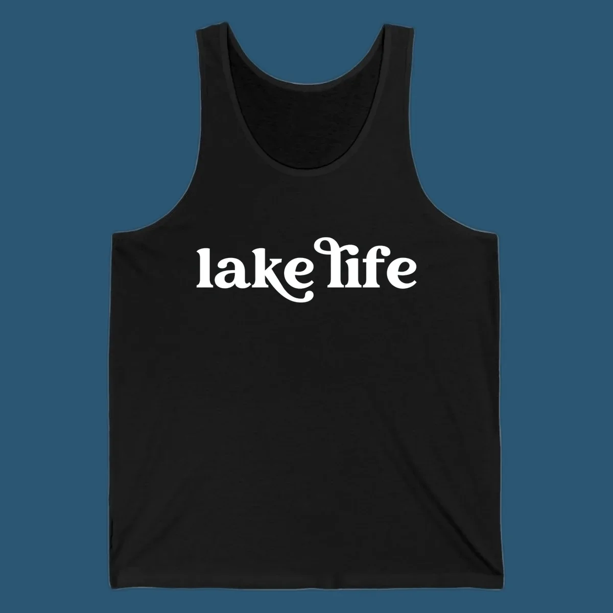 White lake life typography design on a black background.