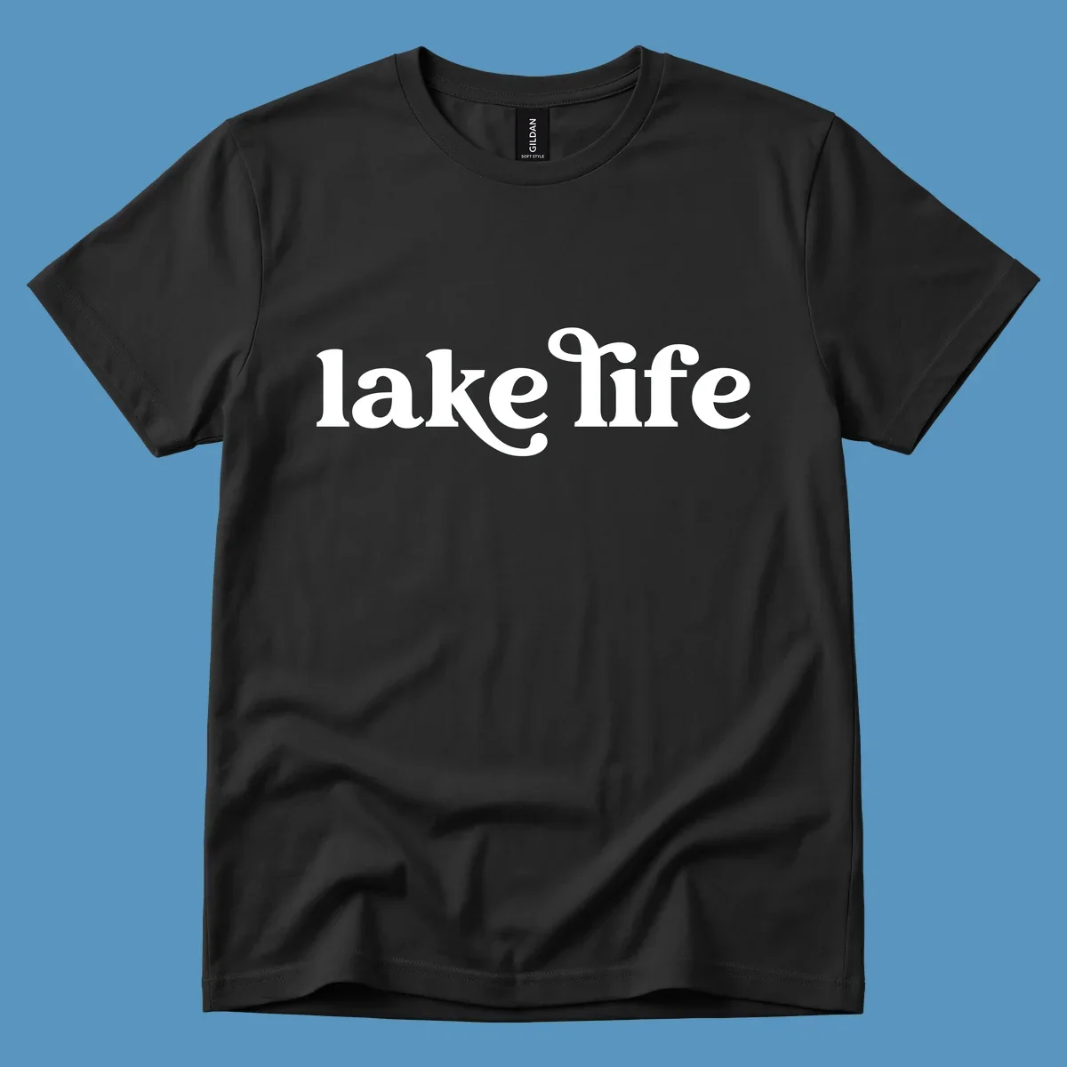 White lake life typography design on a black background.