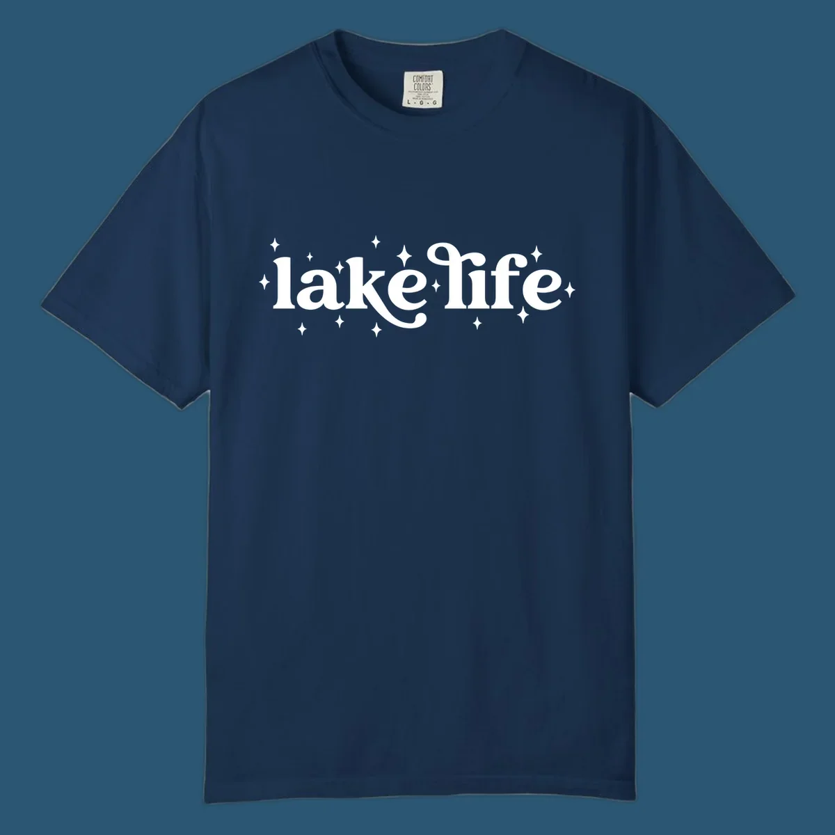 Lake life text with sparkles, white on black and navy on white.