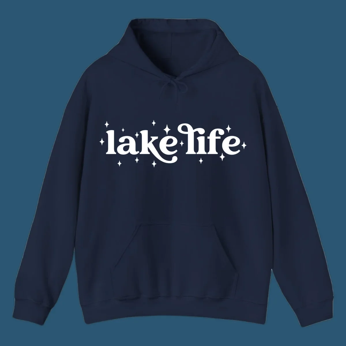 Lake life text with sparkles, white on black and navy on white.