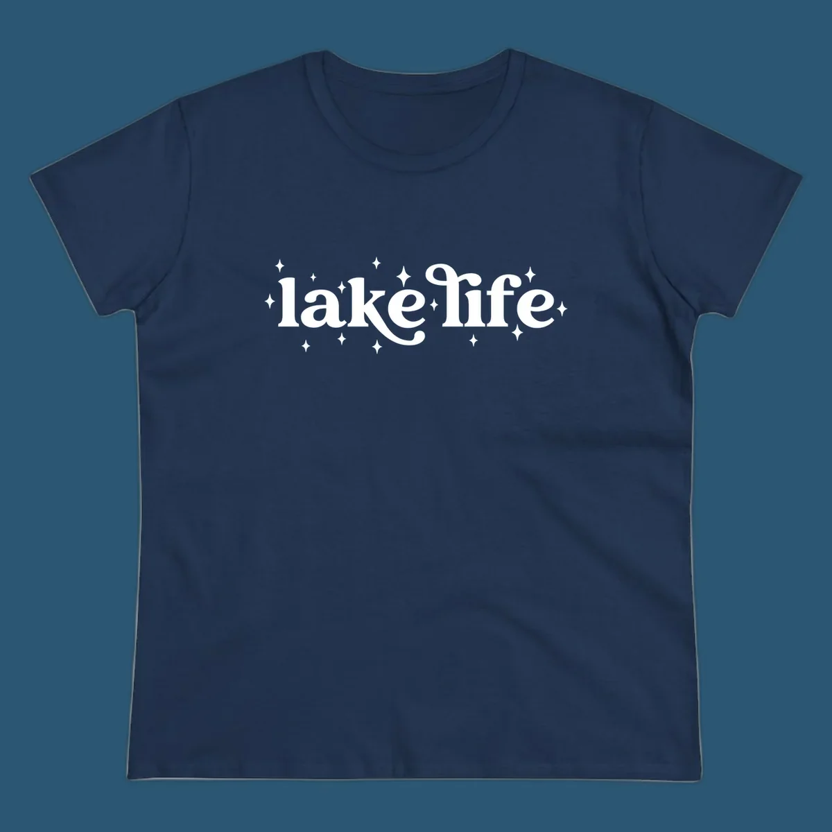 Lake life text with sparkles, white on black and navy on white.