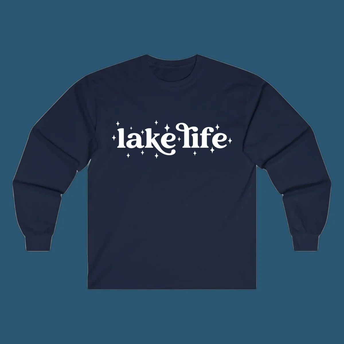 Lake life text with sparkles, white on black and navy on white.