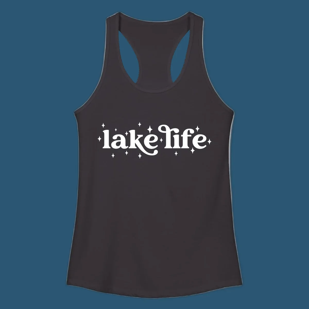Lake life text with sparkles, white on black and navy on white.
