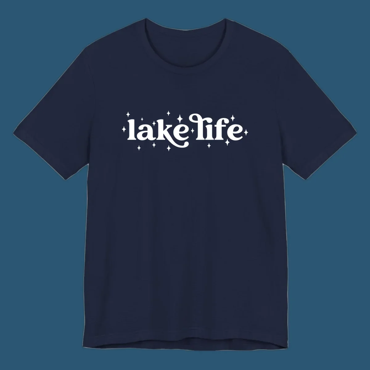 Lake life text with sparkles, white on black and navy on white.