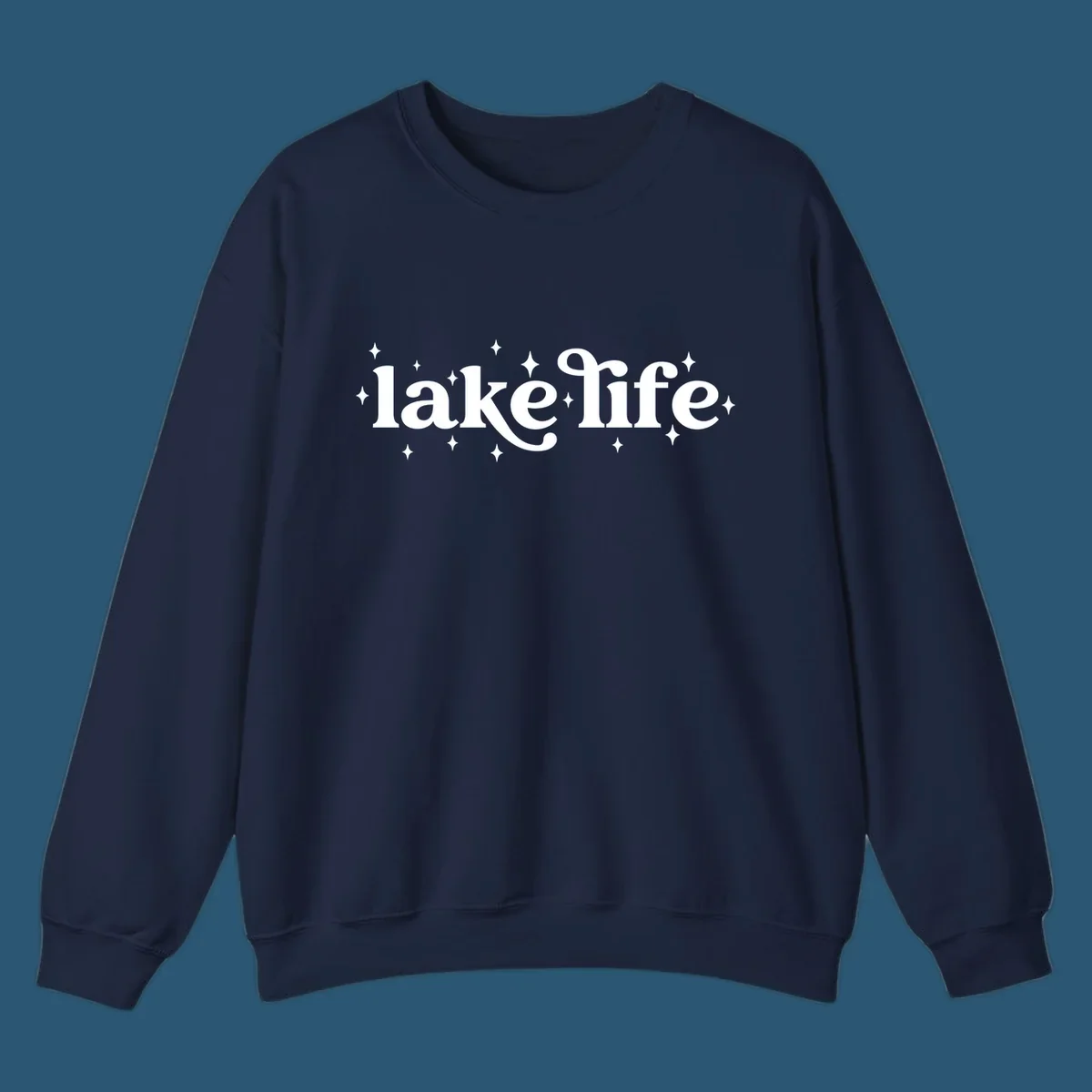 Lake life text with sparkles, white on black and navy on white.