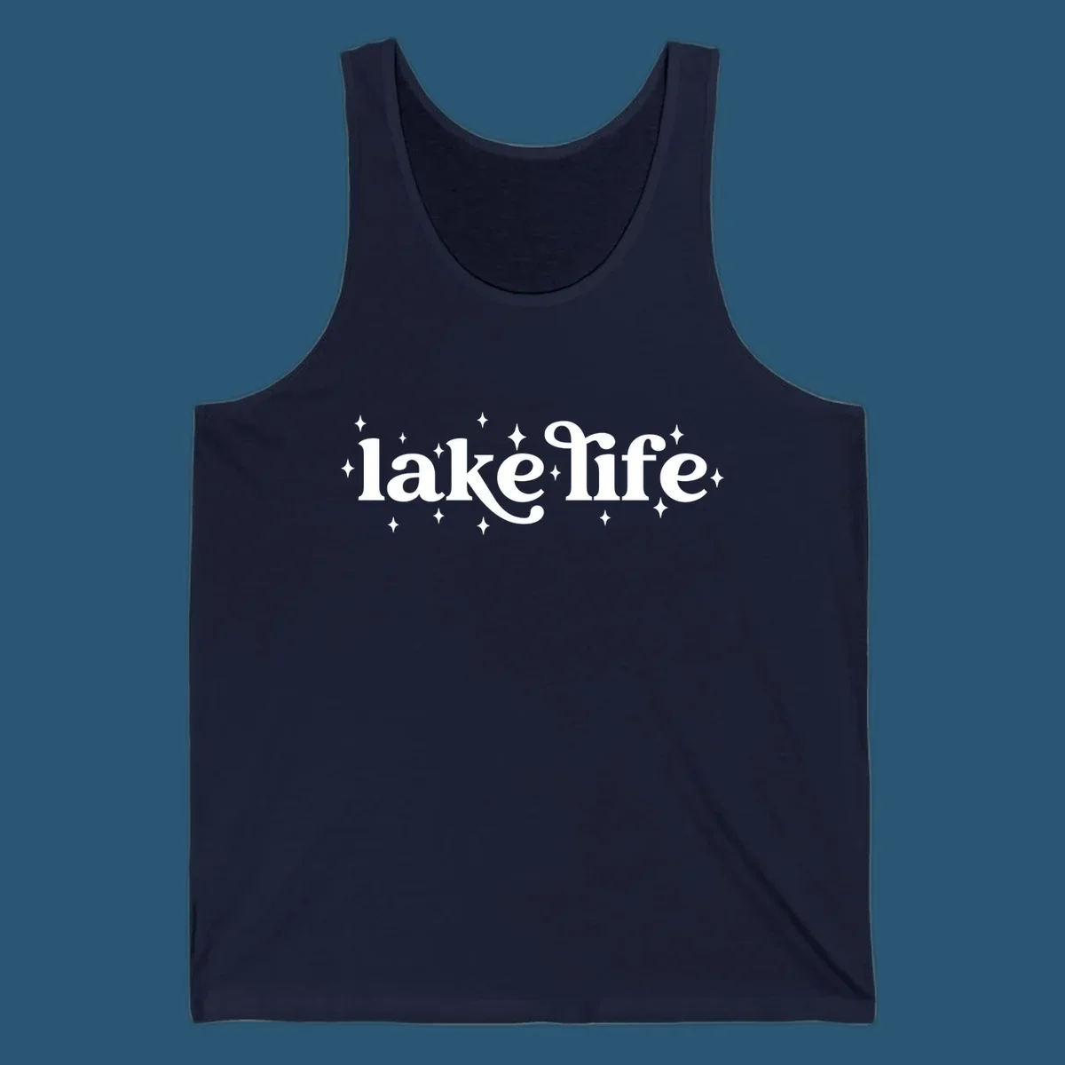 Lake life text with sparkles, white on black and navy on white.