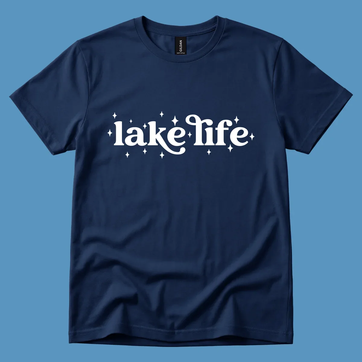 Lake life text with sparkles, white on black and navy on white.