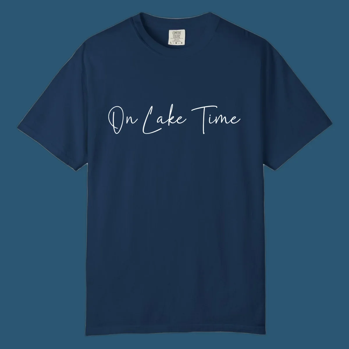 On Lake Time script text design in white and navy.