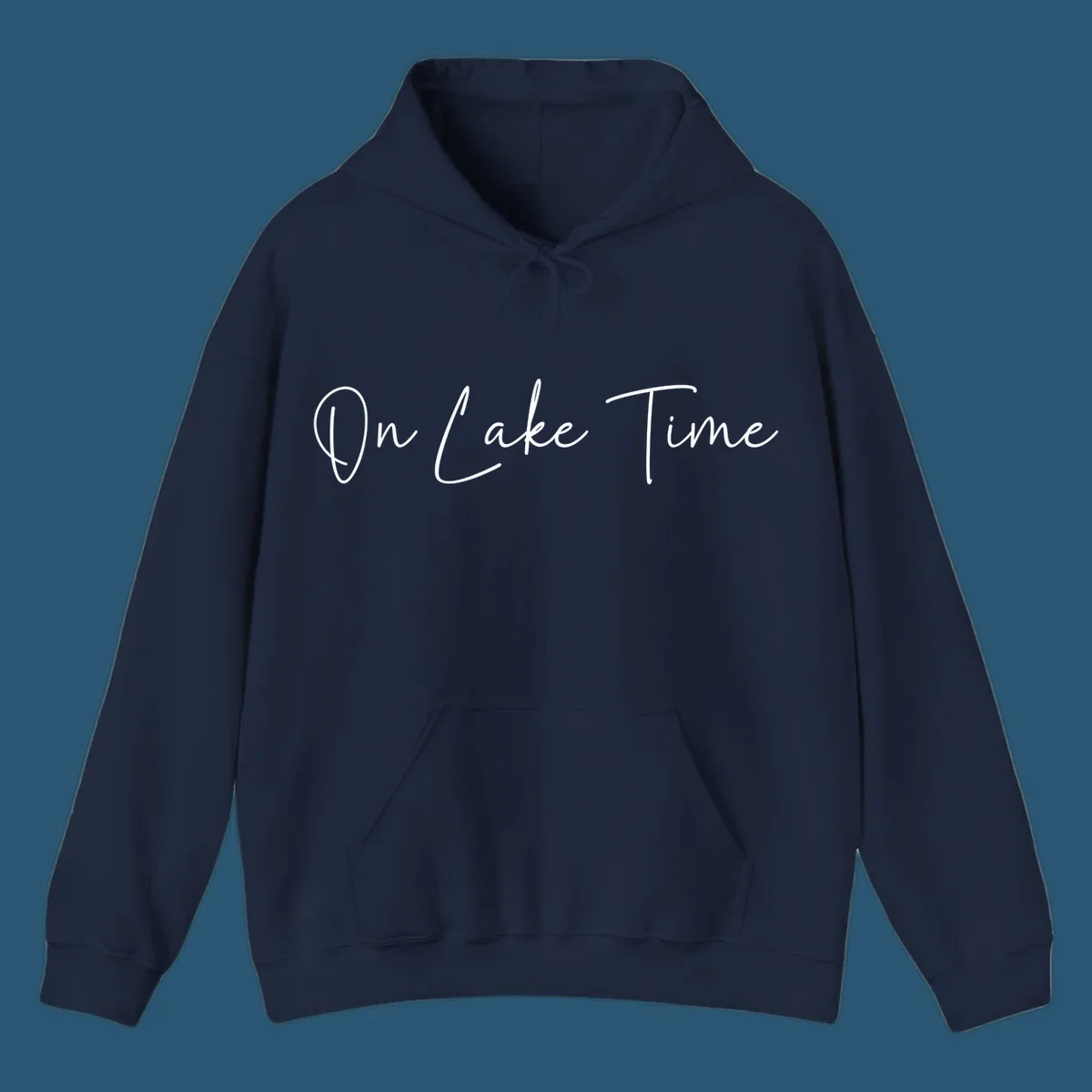 On Lake Time script text design in white and navy.