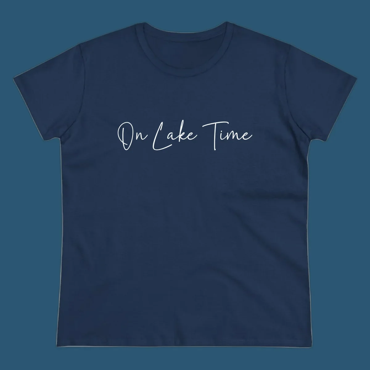 On Lake Time script text design in white and navy.