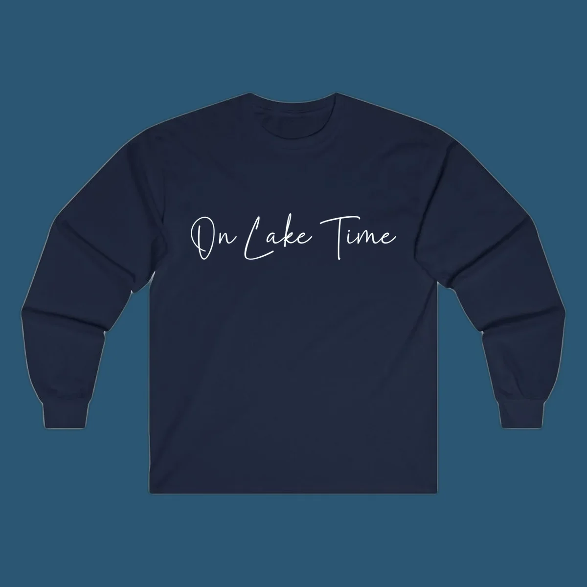 On Lake Time script text design in white and navy.