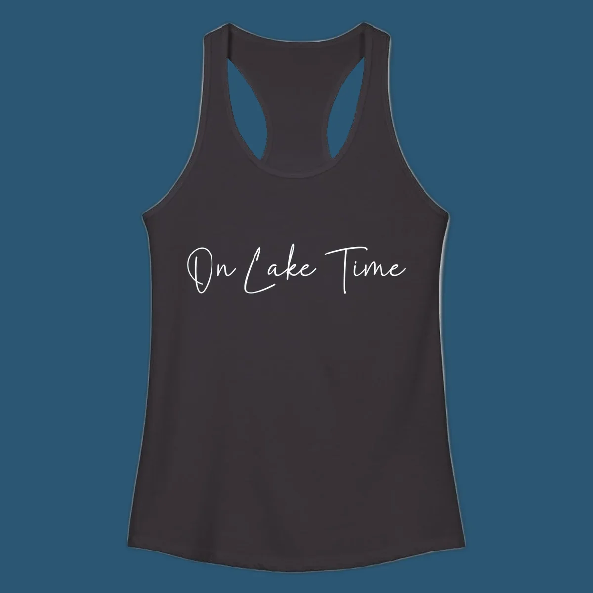 On Lake Time script text design in white and navy.