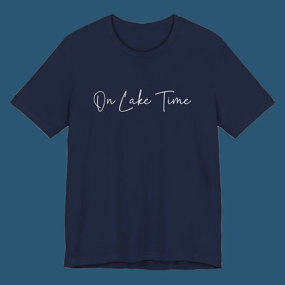 On Lake Time script text design in white and navy.