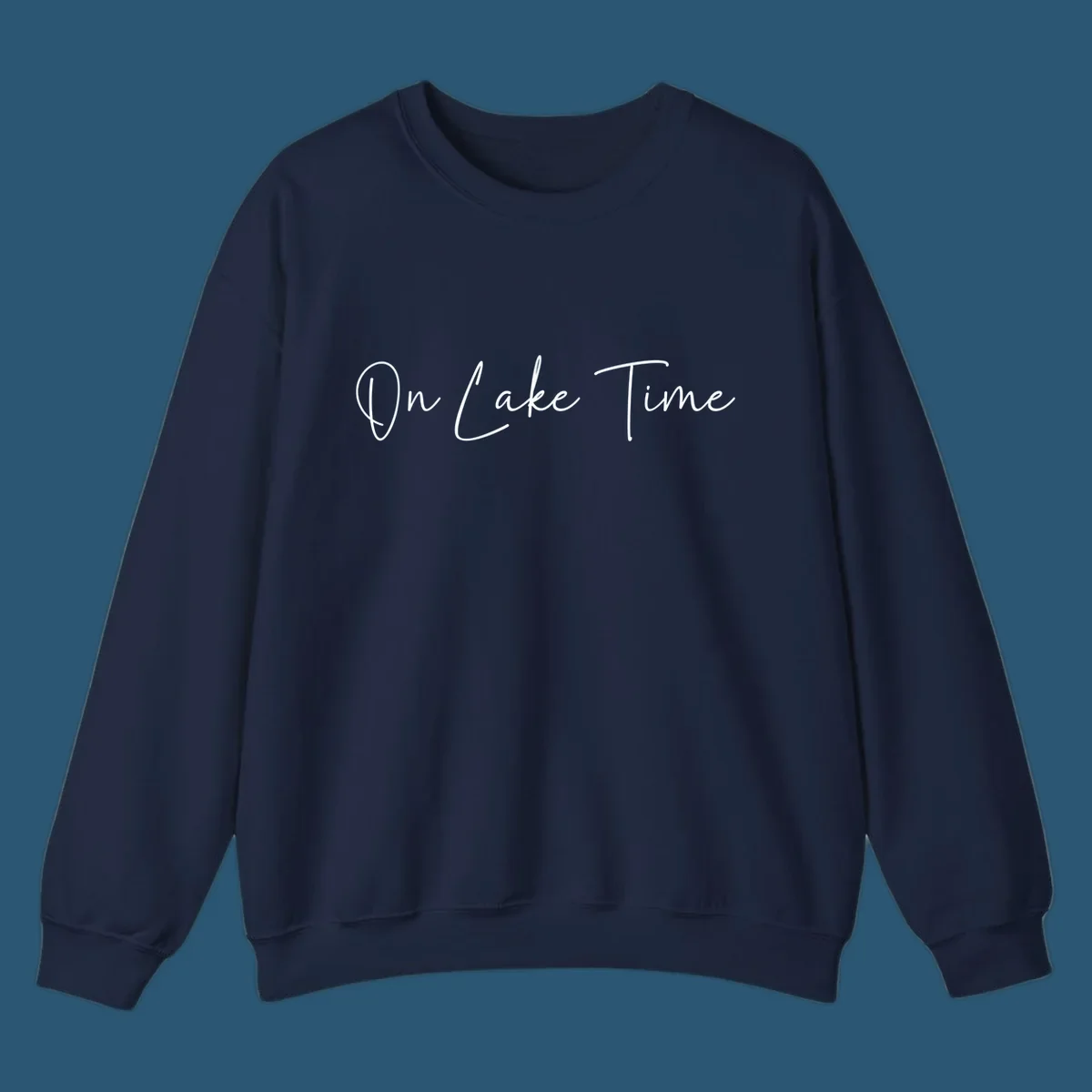On Lake Time script text design in white and navy.