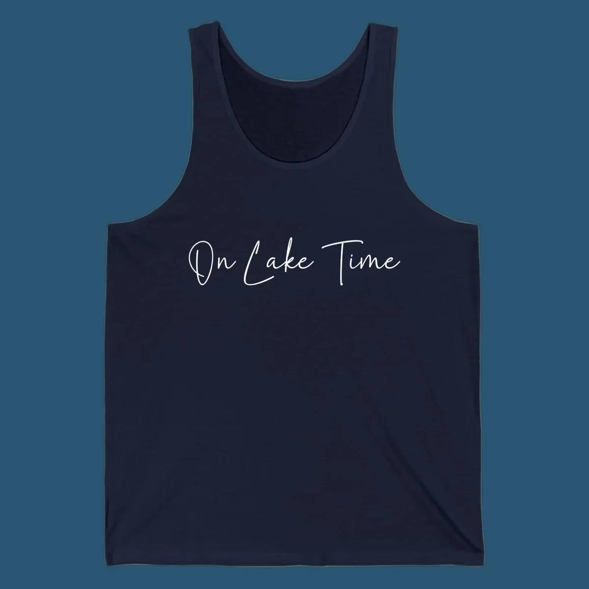 On Lake Time script text design in white and navy.