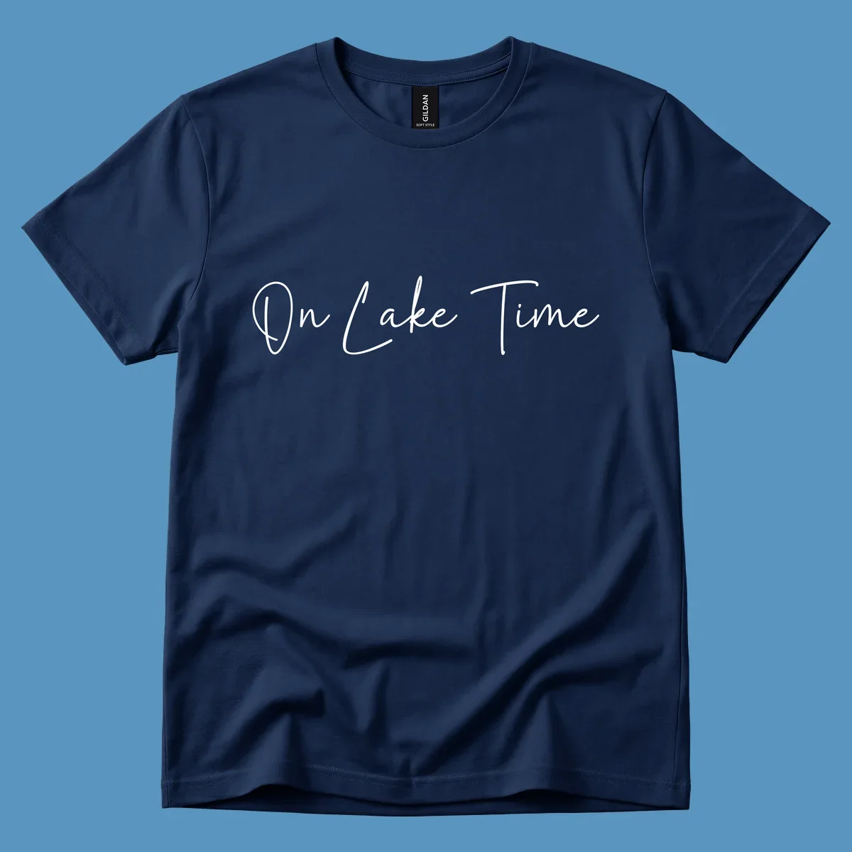 On Lake Time script text design in white and navy.