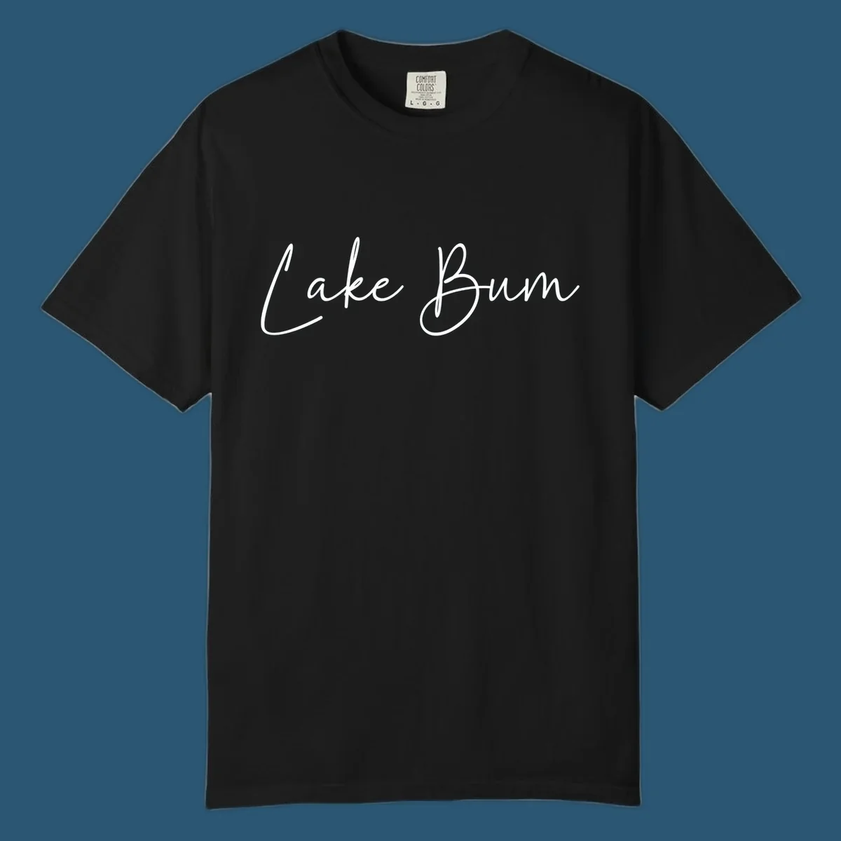 Lake Bum script logo in white on black and navy on white.
