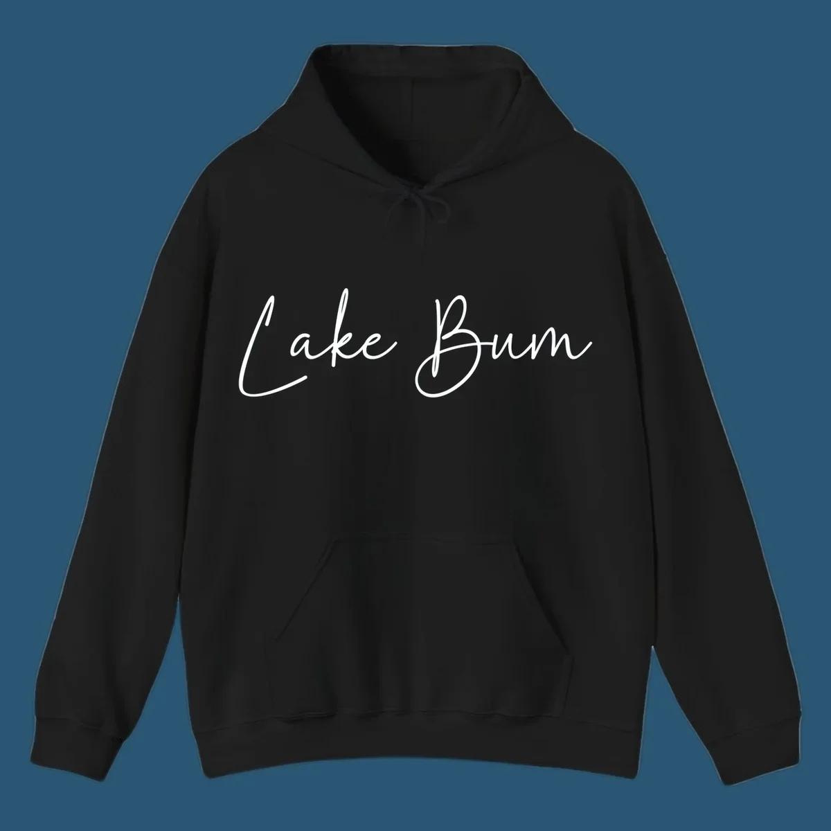 Lake Bum script logo in white on black and navy on white.