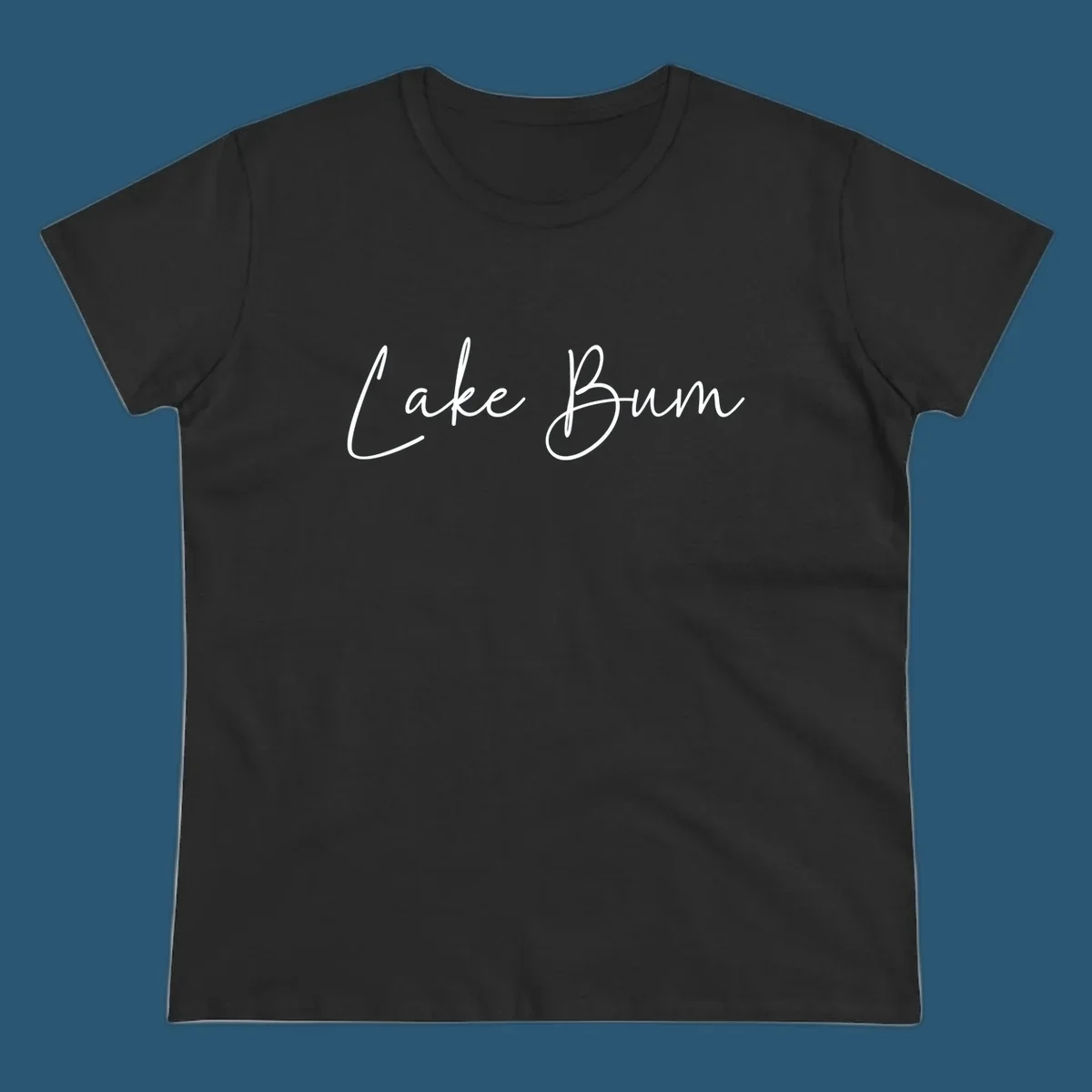 Lake Bum script logo in white on black and navy on white.