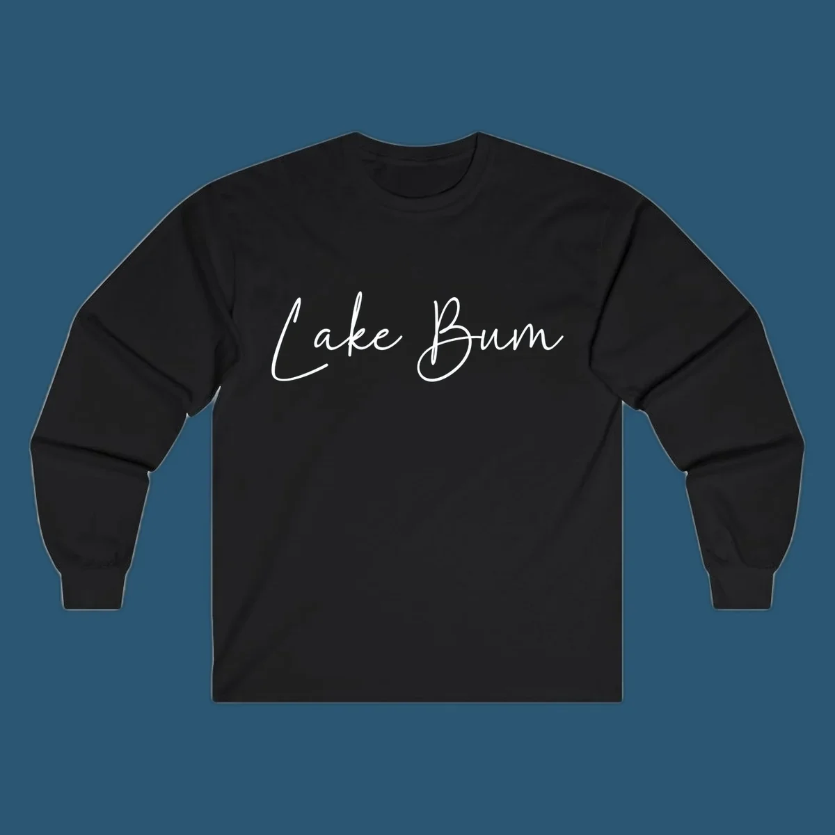 Lake Bum script logo in white on black and navy on white.