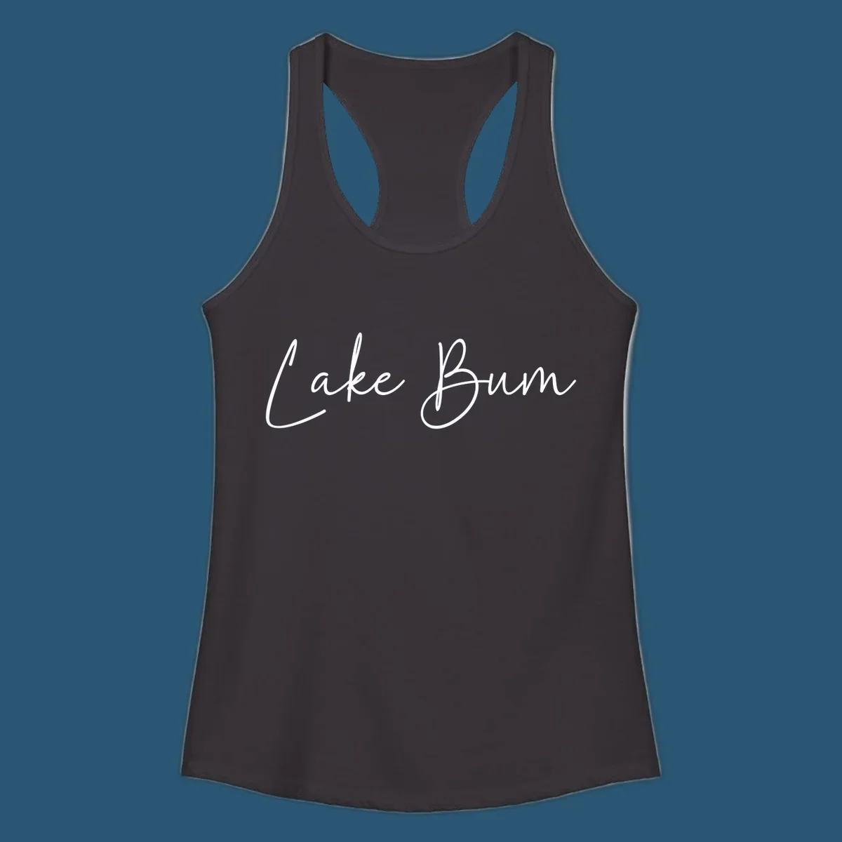 Lake Bum script logo in white on black and navy on white.