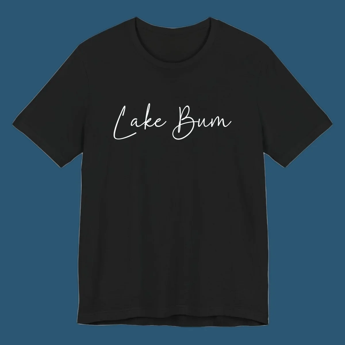 Lake Bum script logo in white on black and navy on white.