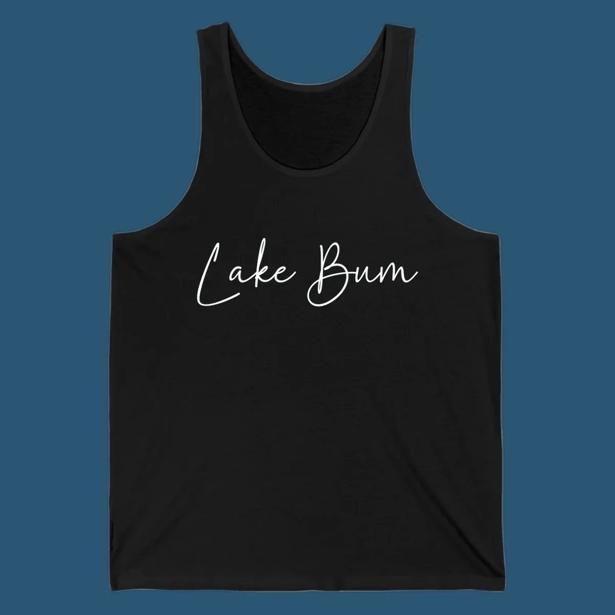 Lake Bum script logo in white on black and navy on white.