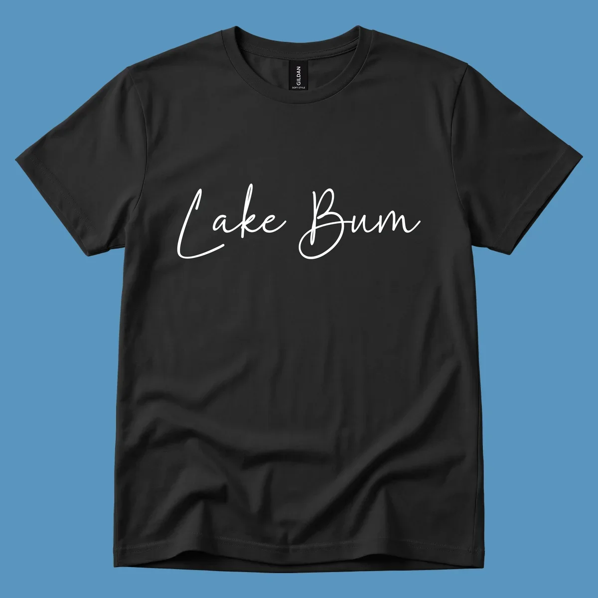 Lake Bum script logo in white on black and navy on white.