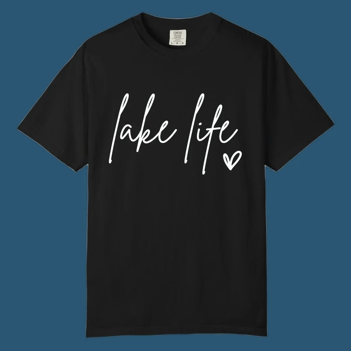 Lake life script text with a heart icon.