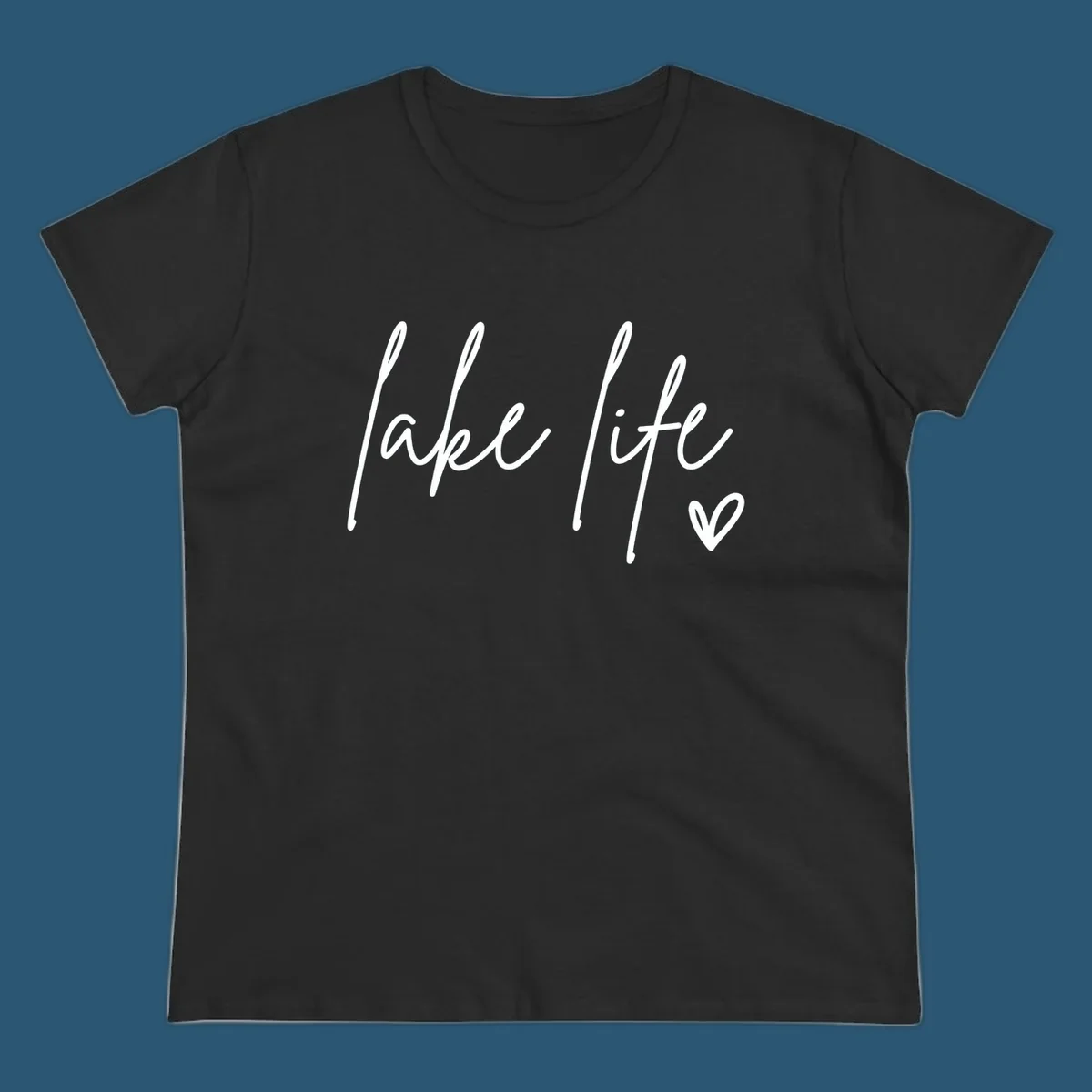 Lake life script text with a heart icon.