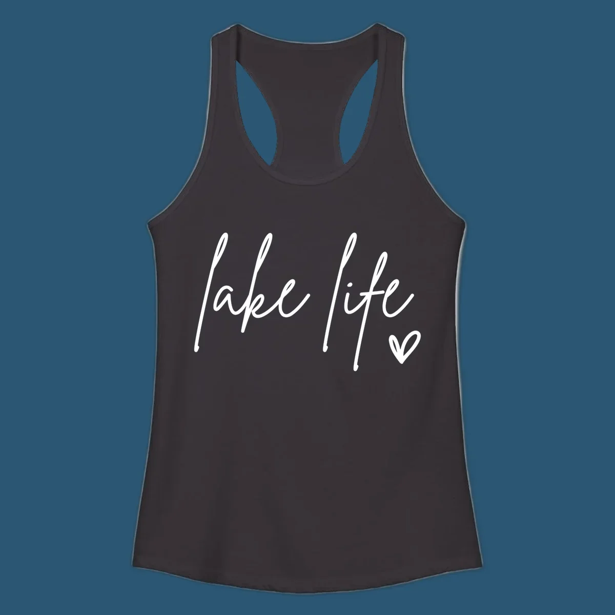 Lake life script text with a heart icon.