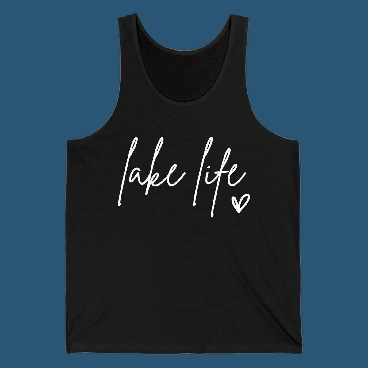 Lake life script text with a heart icon.