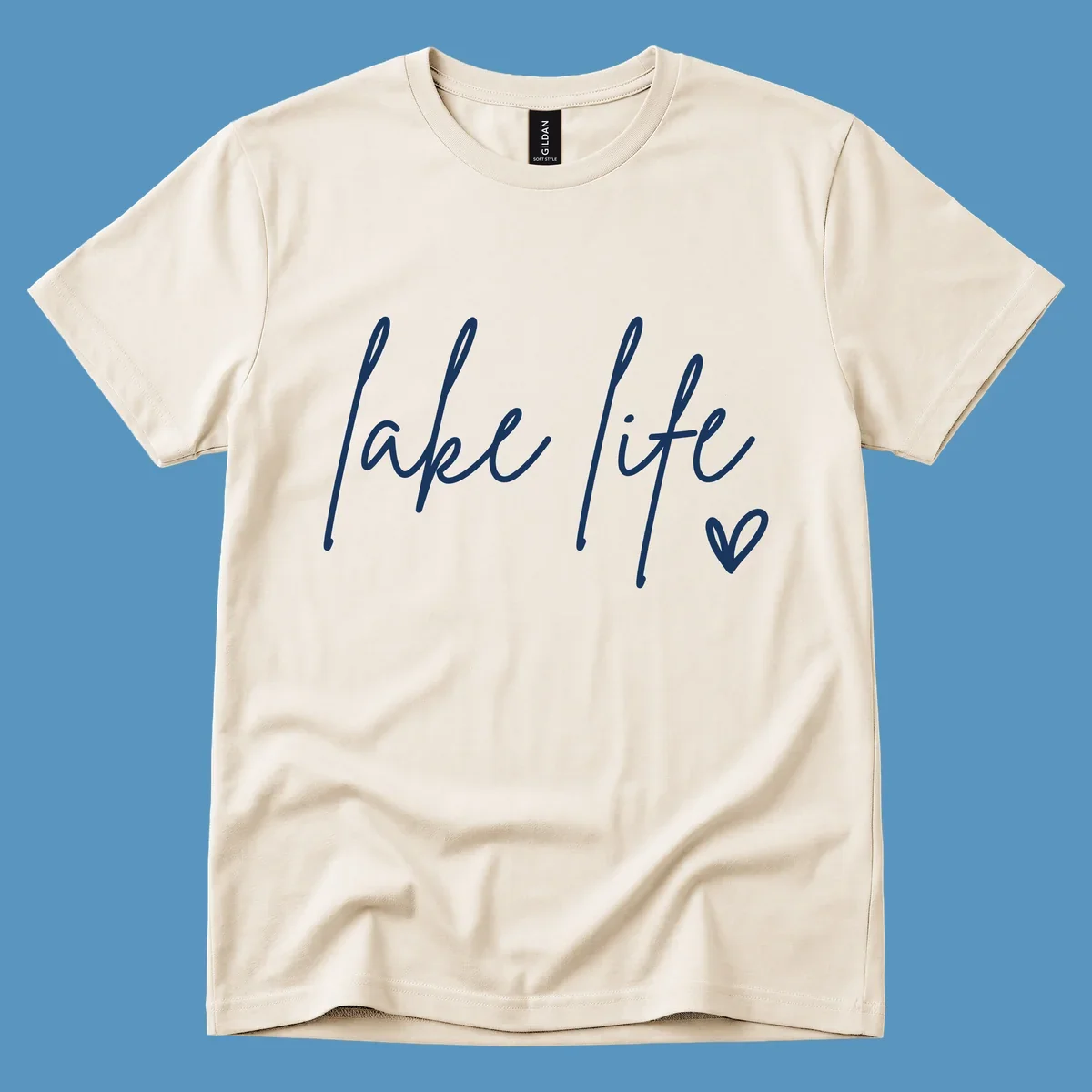 Lake life script text with a heart icon.