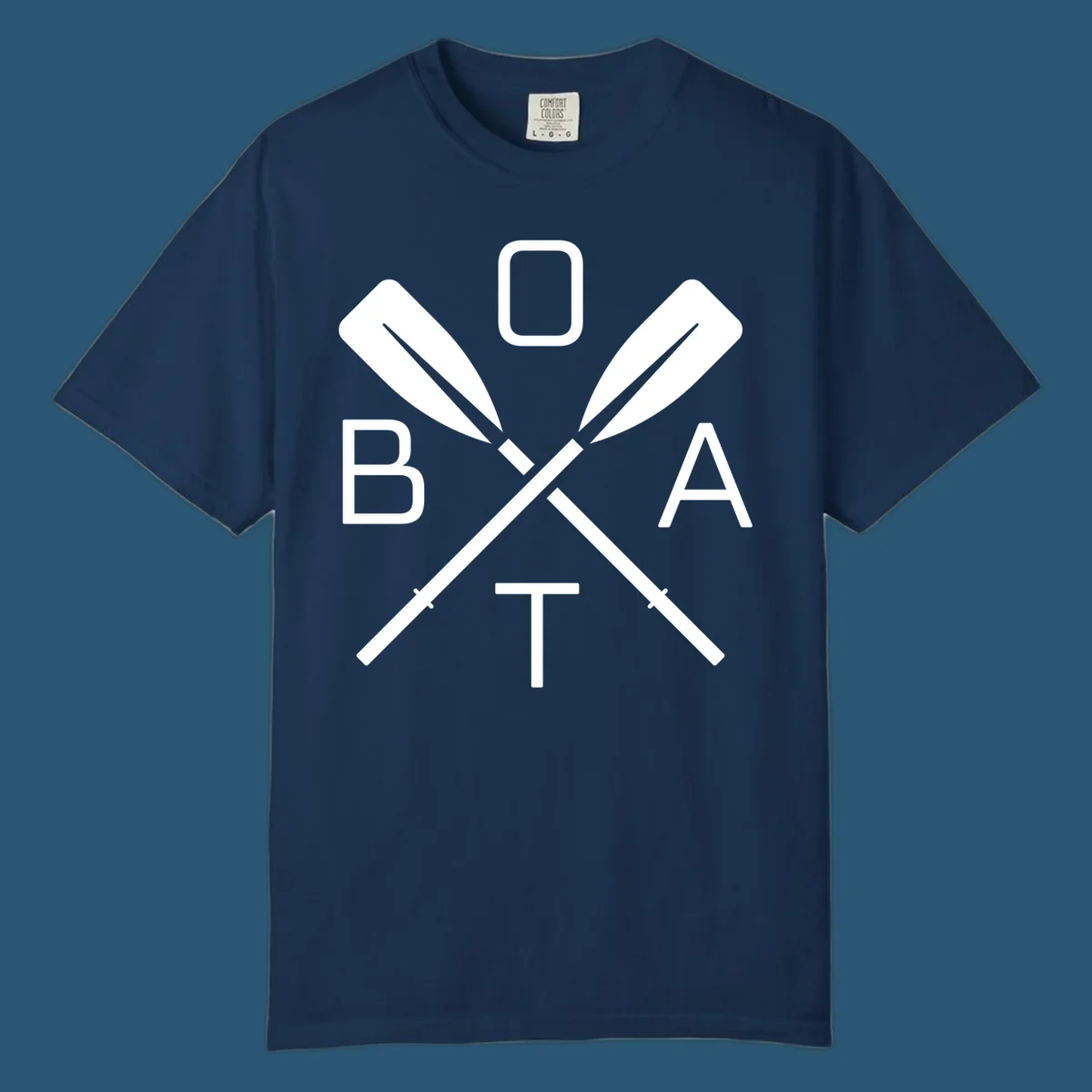 Boat oar design with letters B O A T arranged around crossed oars.