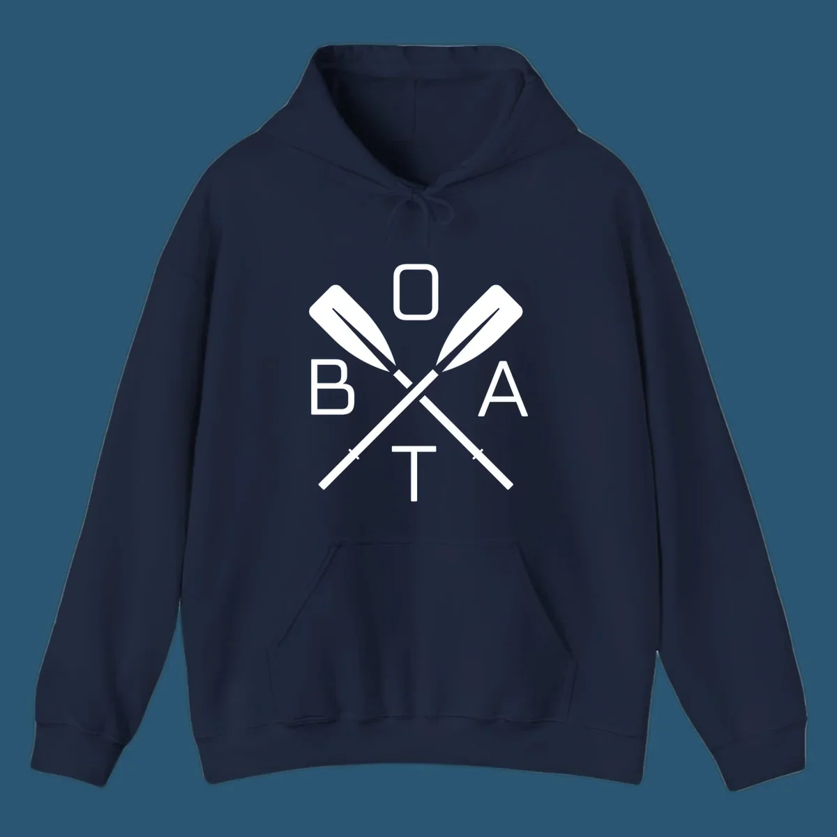 Boat oar design with letters B O A T arranged around crossed oars.