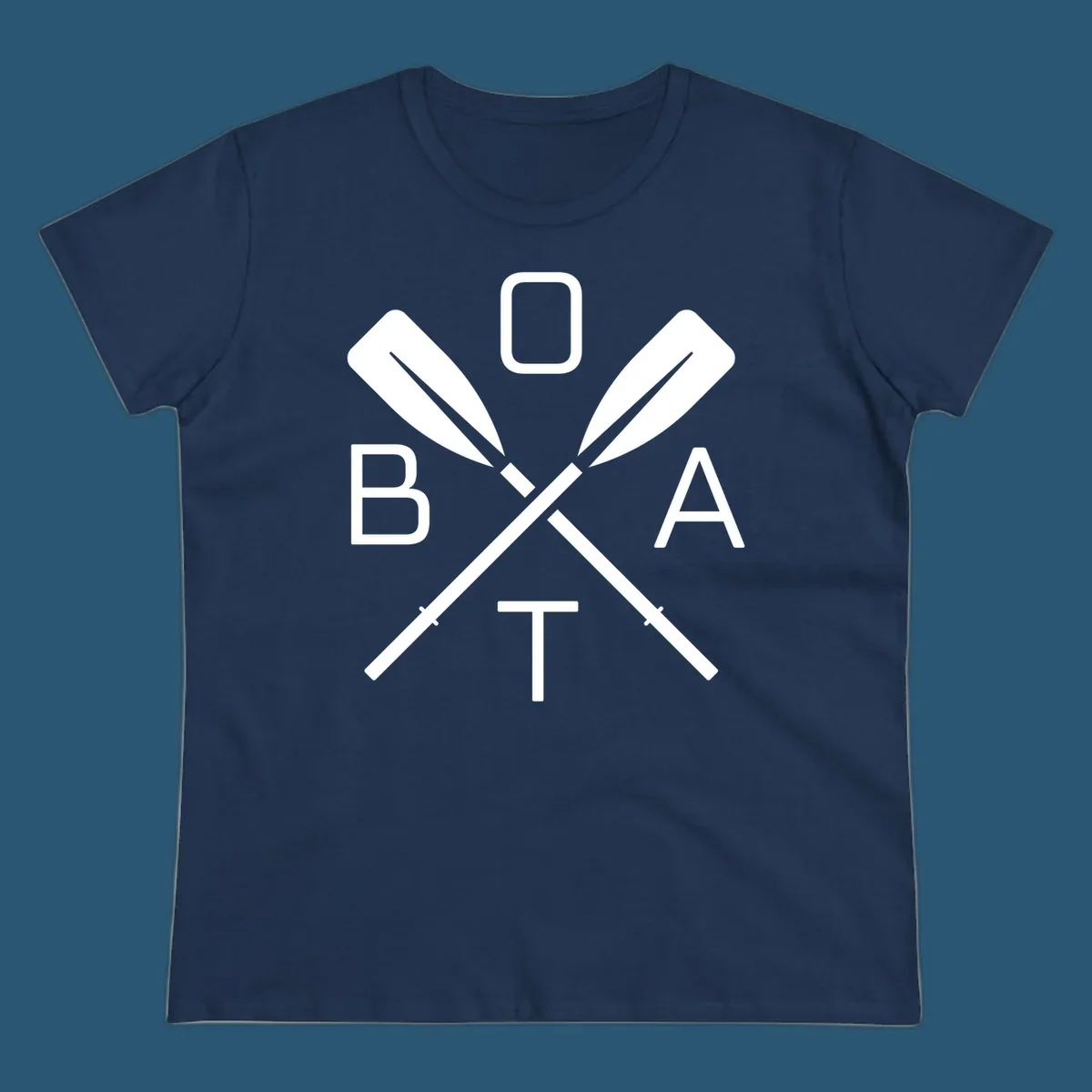 Boat oar design with letters B O A T arranged around crossed oars.