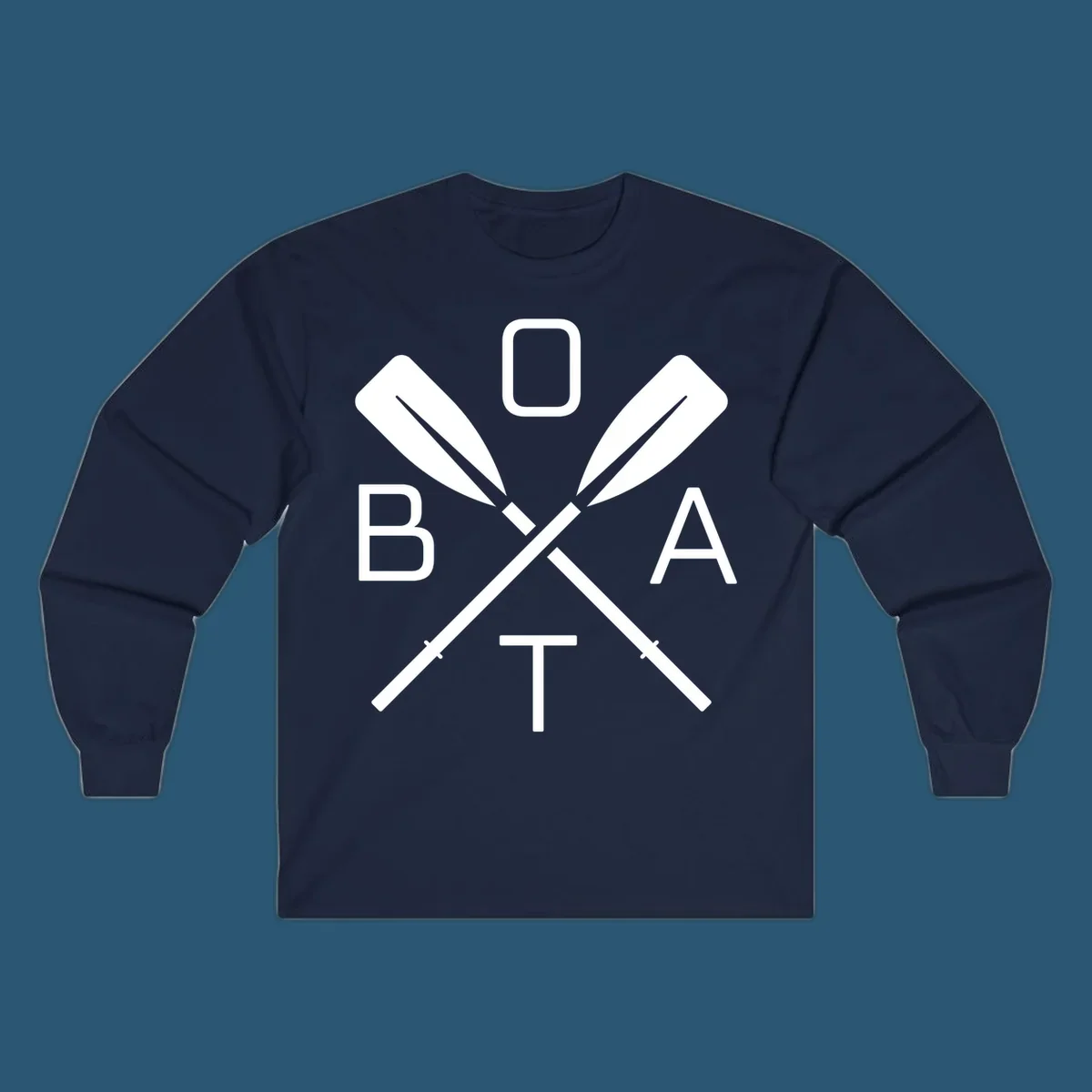 Boat oar design with letters B O A T arranged around crossed oars.