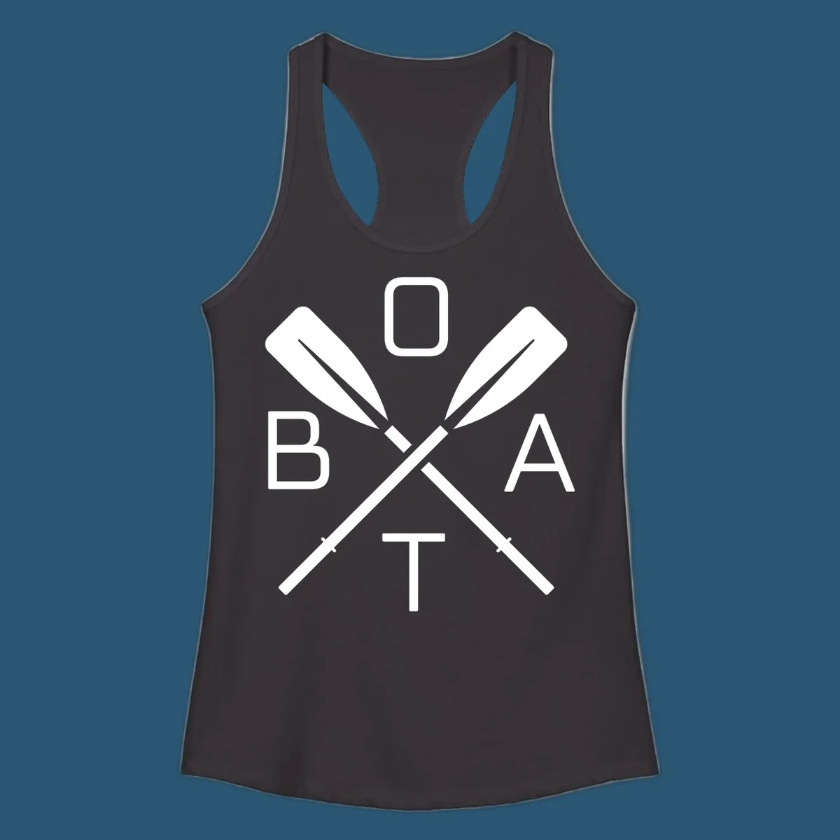 Boat oar design with letters B O A T arranged around crossed oars.