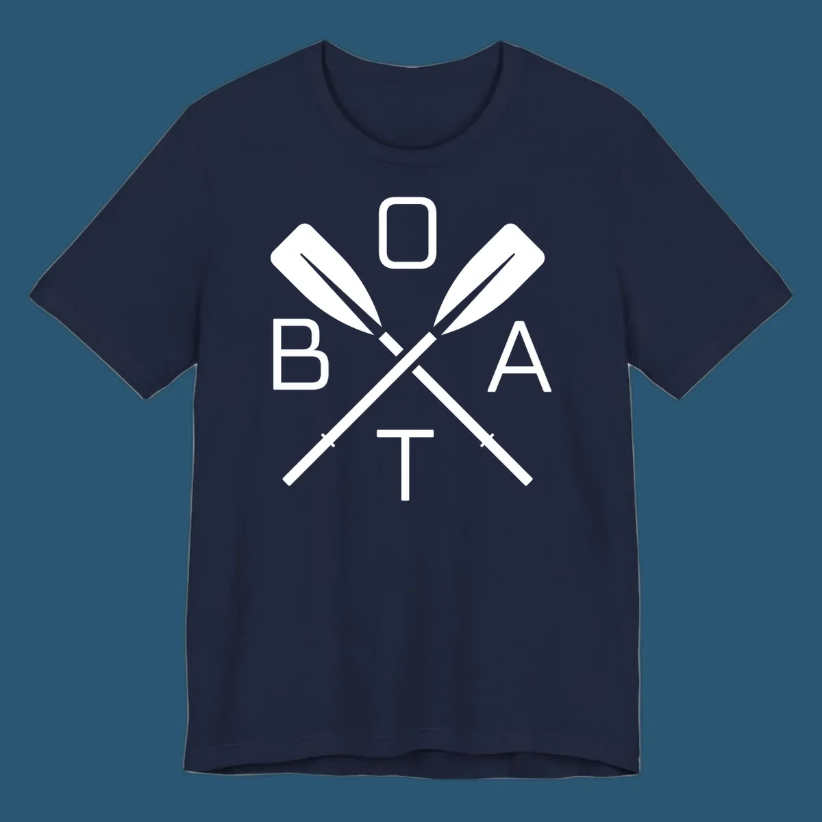 Boat oar design with letters B O A T arranged around crossed oars.