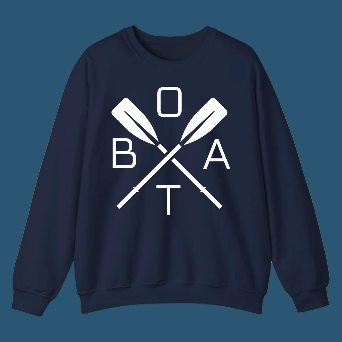 Boat oar design with letters B O A T arranged around crossed oars.
