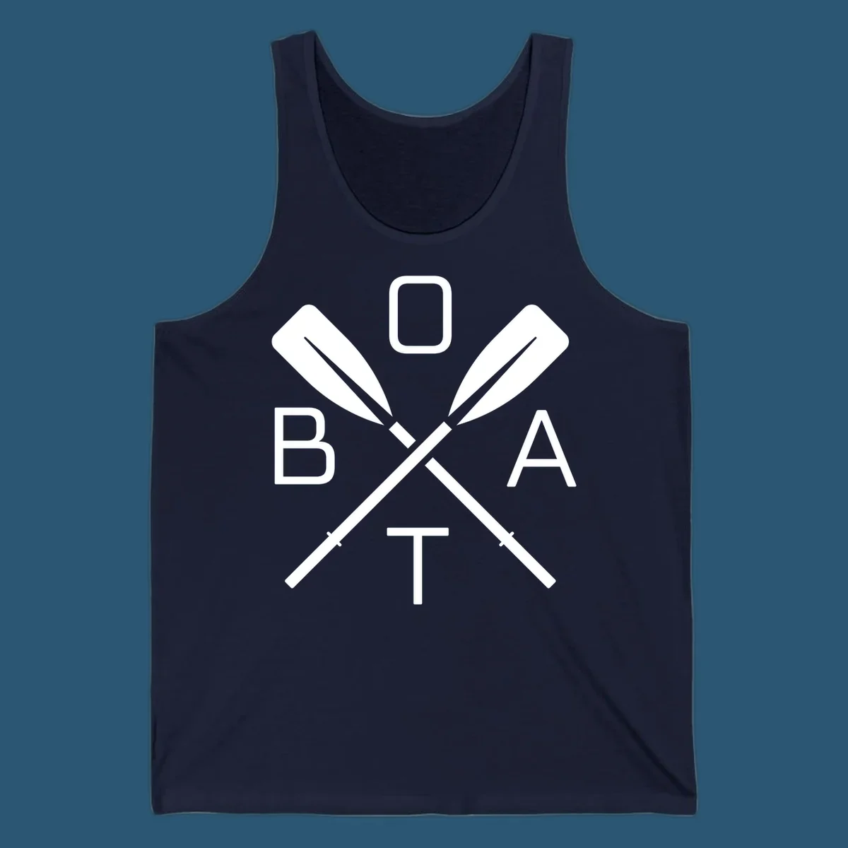 Boat oar design with letters B O A T arranged around crossed oars.